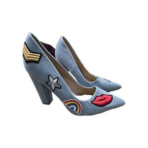 Not Just A‎ Pump Brand Blue Denim Colorful Embroidered Patch Heels Size 9